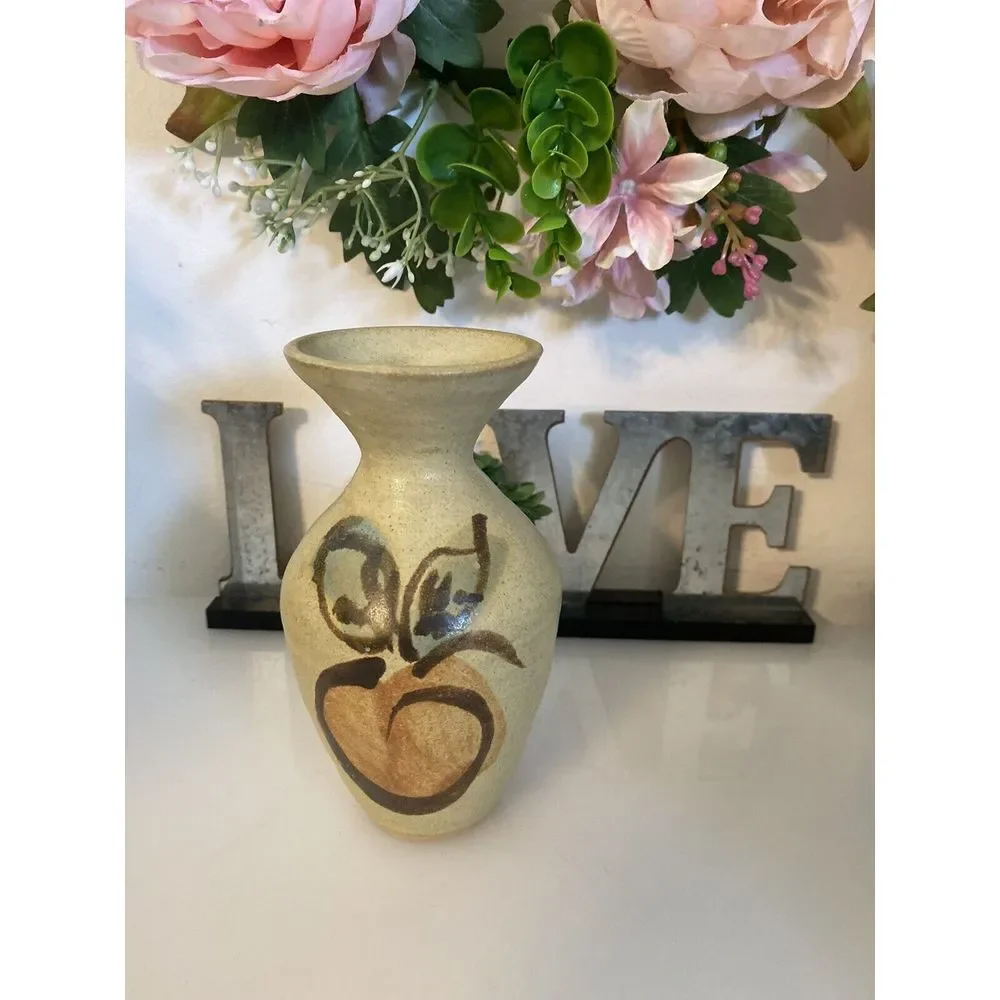 Vintage Hand Painted Stoneware Vase MCM Signed Numbered Peach Design‎ 6